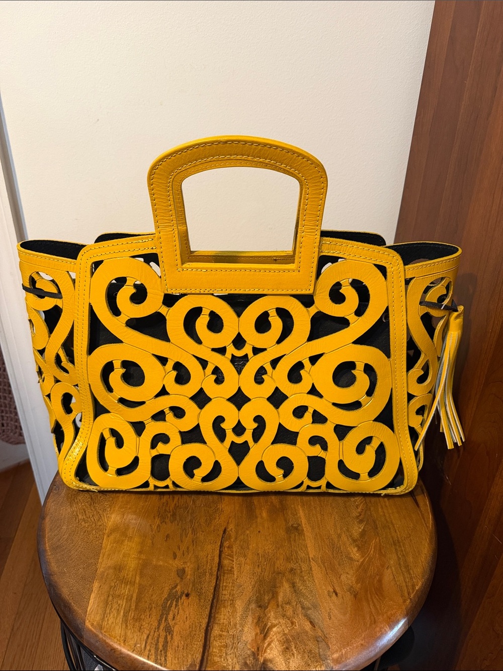 Maya Leather Filigree Tote in Mustard